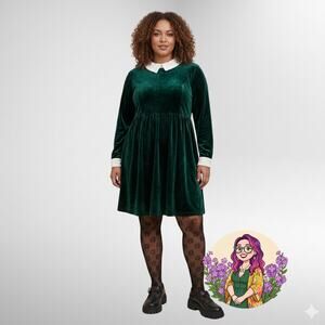 KOJOOIN Green Velvet Peter Pan Collar Dress 2XL Long Sleeve Pockets Dark Morii